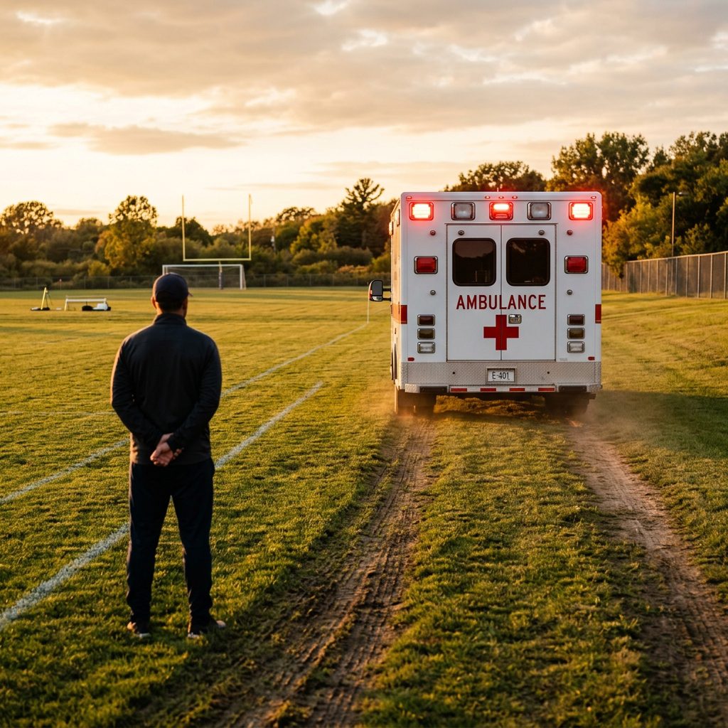An adult stands alone on a sideline watching an ambulance pull away — the next preventable injury already loaded inside