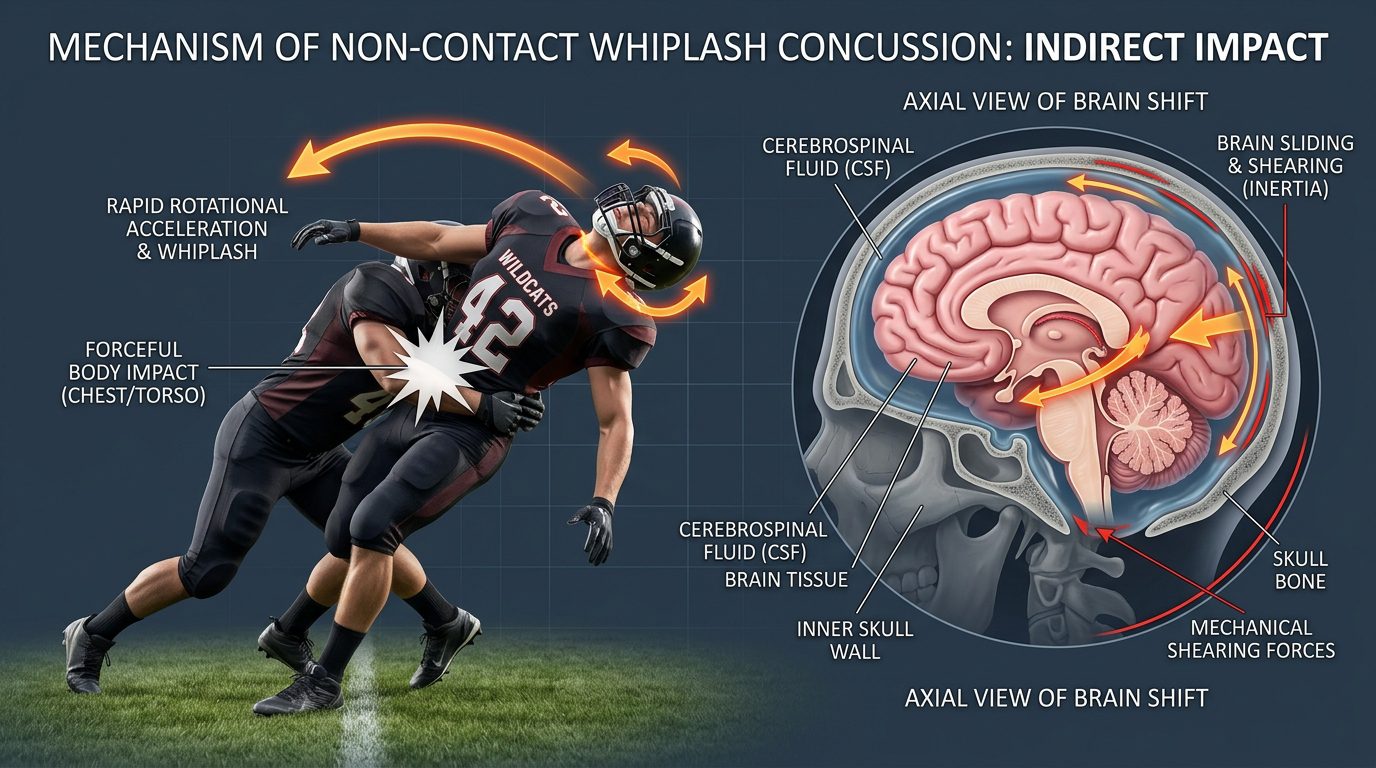 Diagram showing how a body hit transmits whiplash force to the brain without any direct head impact