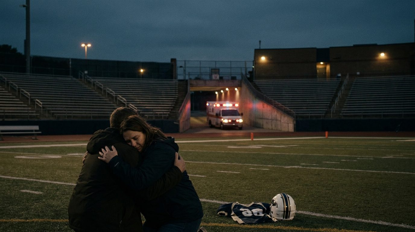 Parents embrace on an empty athletic field as an ambulance exits the stadium