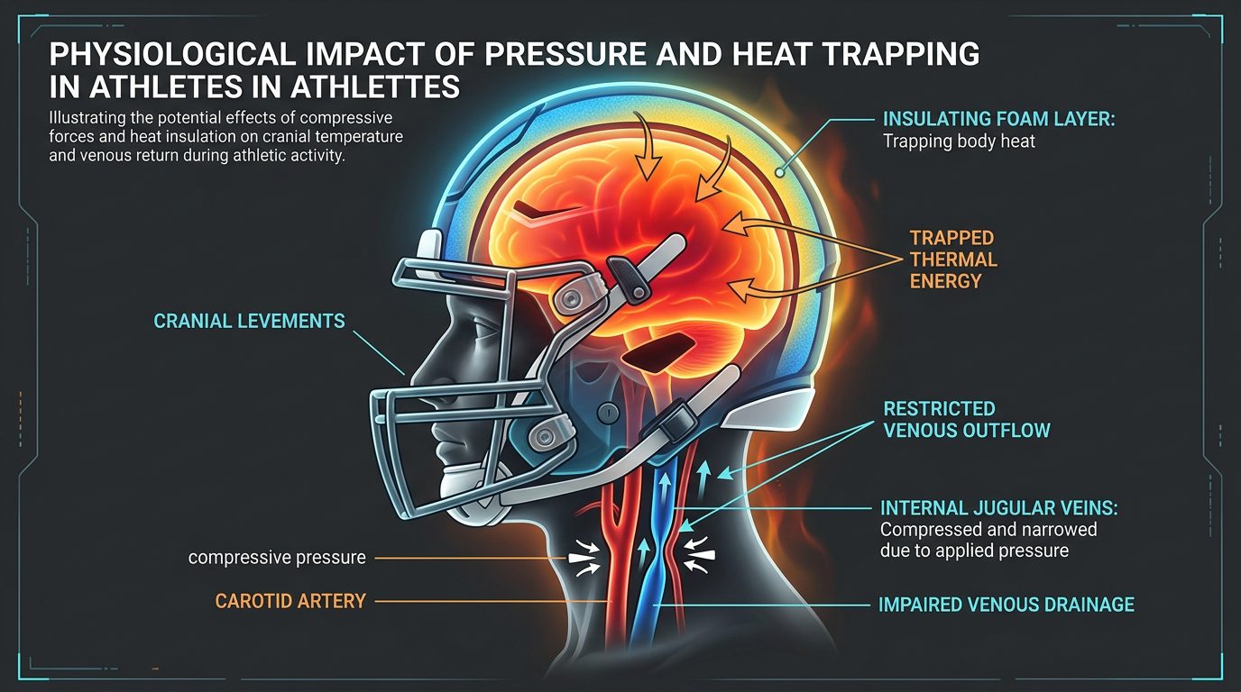 Diagram illustrating how helmet covers trap heat and how neck devices restrict the jugular vein blood flow that cools the brain