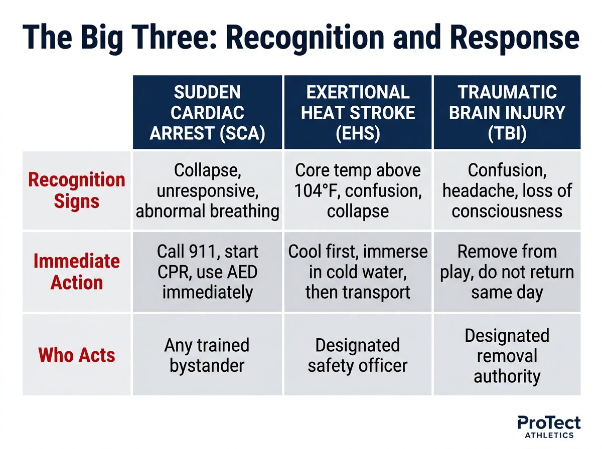 The Big Three: Sudden Cardiac Arrest, Exertional Heat Stroke, and Traumatic Brain Injury
